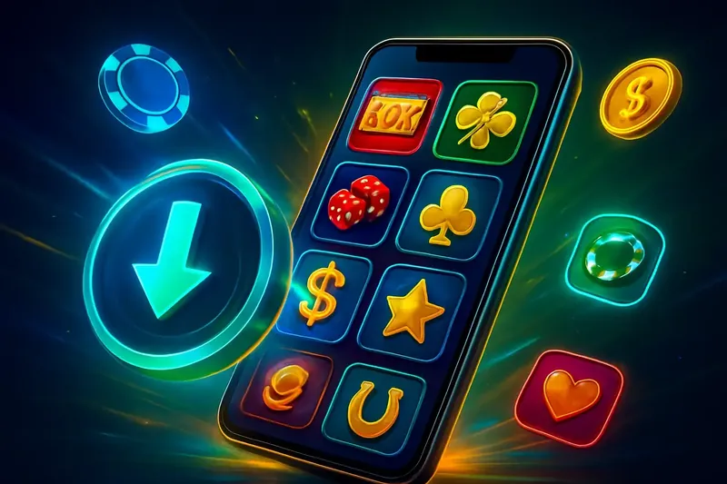 Glossy smartphone casino app banner with neon download icon effects