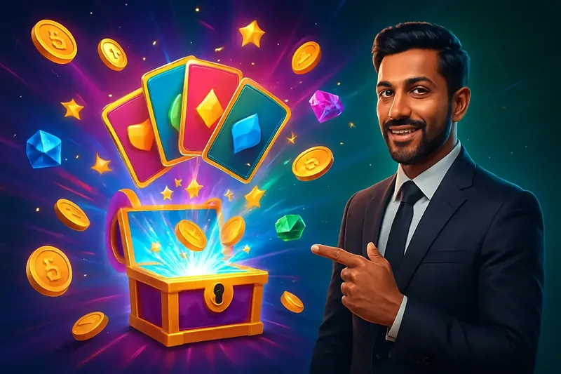 Reward Bonus Burst Glowing reward chest with cards, coins, gems, and stars bursting out