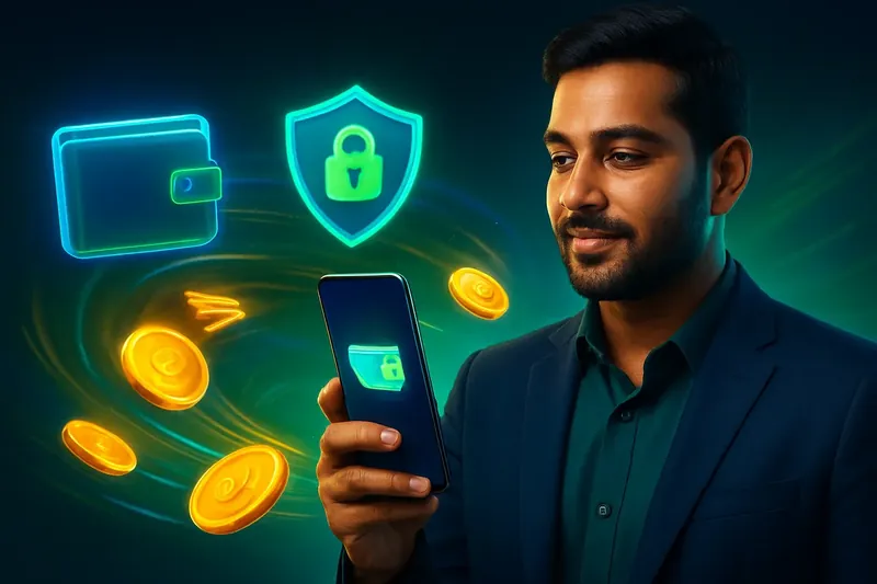 Hand holding smartphone with secure mobile wallet, coins, and speed effects