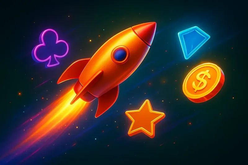 Glossy rocket launch casino banner with neon trail and game particles