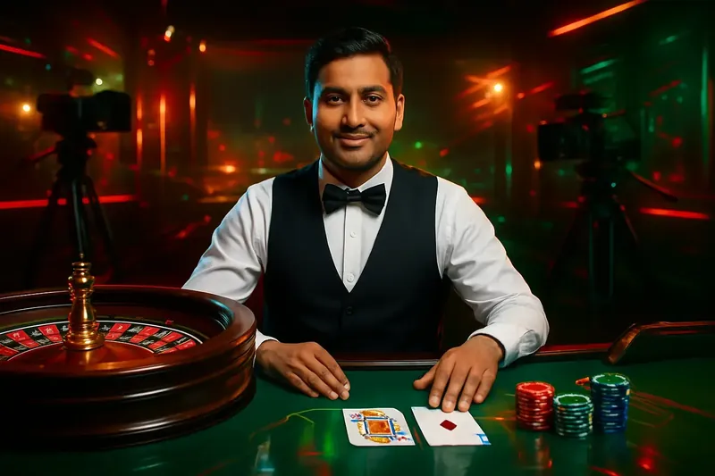 Friendly professional live dealer with roulette, cards, chips, and studio lights