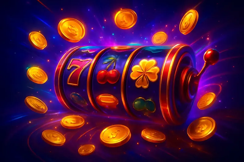Colorful spinning slot machine reels with coins, sparkles, and neon glow